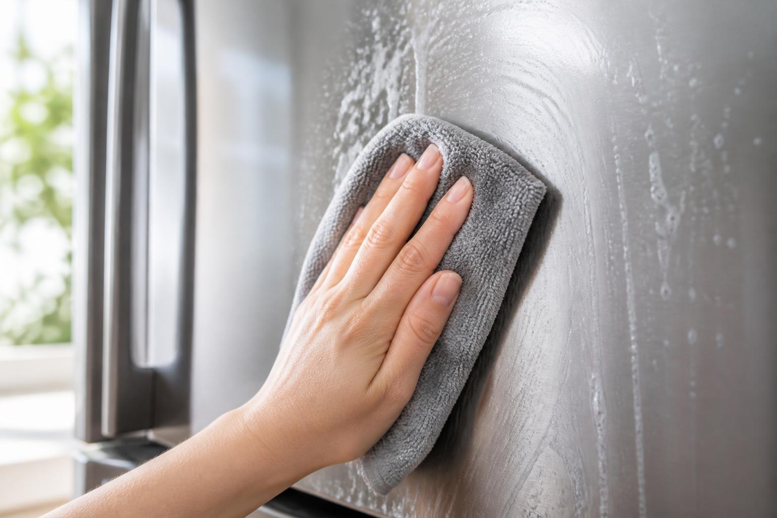Nettoyage doux d’un frigo en inox avec une microfibre